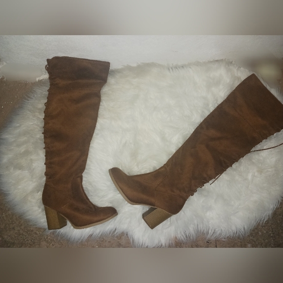 Soda Women tan cognac brown lace up high knee block heeled boots - Picture 3 of 15